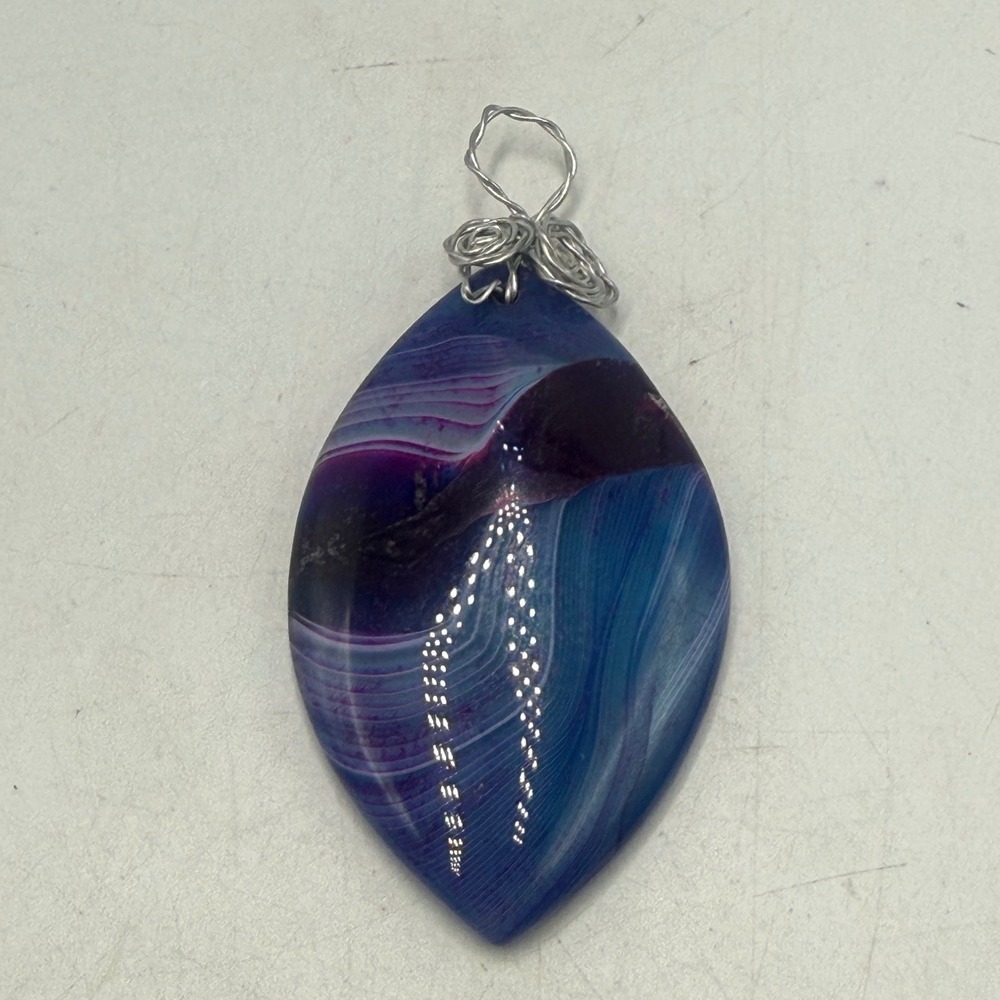 Blue Purple Agate Wire Wrapped Marquise Pendant Handcrafted Gemstone Jewelry